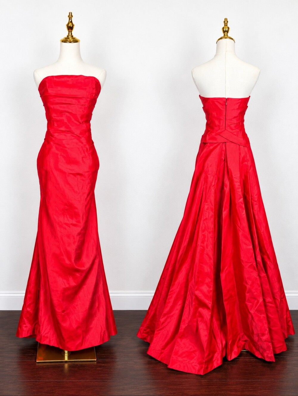Vintage 1980s Victor Costa Red Satin Strapless Gown Train Hollywood Glam Size 14